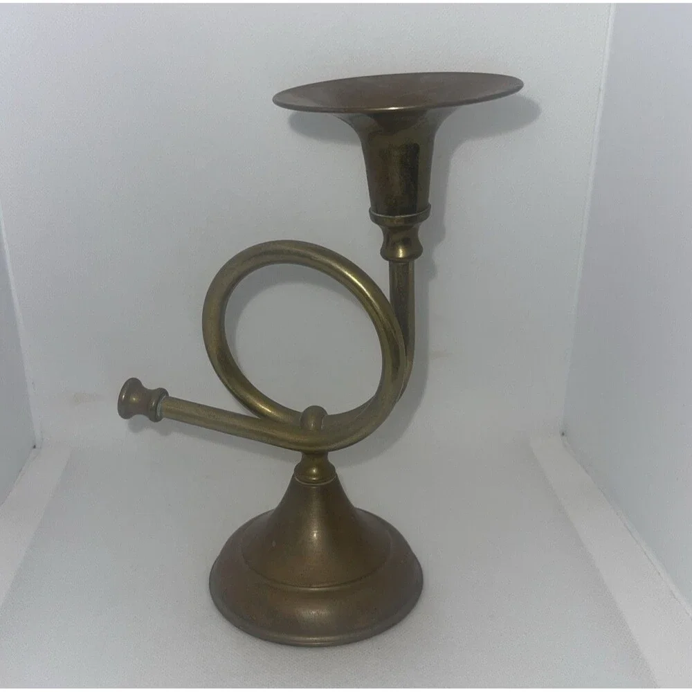 Vintage Brass French Horn Candlestick Holder